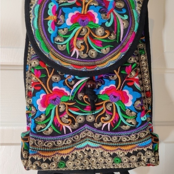 Black Embroidered Backpack with Intricate Patterns